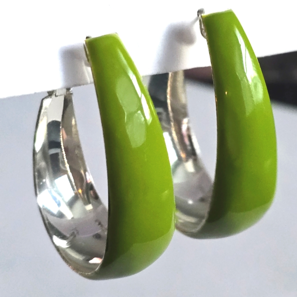 Green earrings silver tone hoop enamel